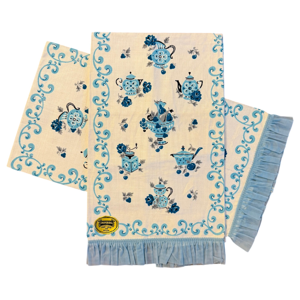 Lot of 2 Vintage 1950s Linen Tea Towel Ruffle Teapot Teacup Imperial Sticker NWT